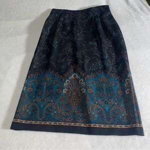 Briggs Petite 14 Maxi Skirt Floral Paisley Zip Back Slit Brown Blue Boho Career